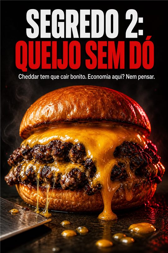 Slide 3 do carrossel: "Segredo 2: queijo sem dó", hambúrguer duplo com cheddar escorrendo